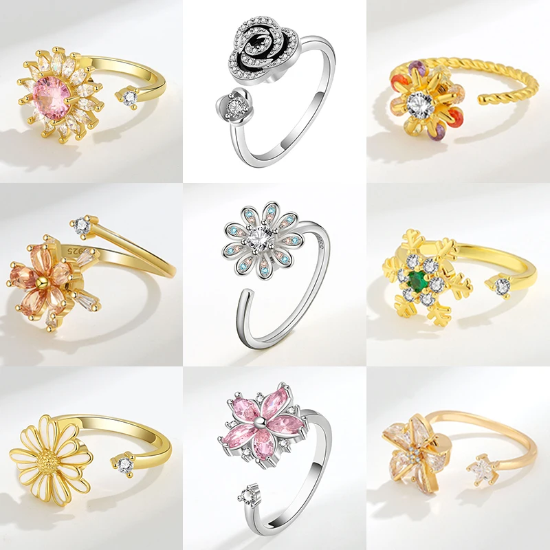 Mode Fidget Spinner Ringe Angst Frauen Bunte Kristall Blume Ring Drehen Anti Stress Engagement Sonnenblumen Finger Schmuck