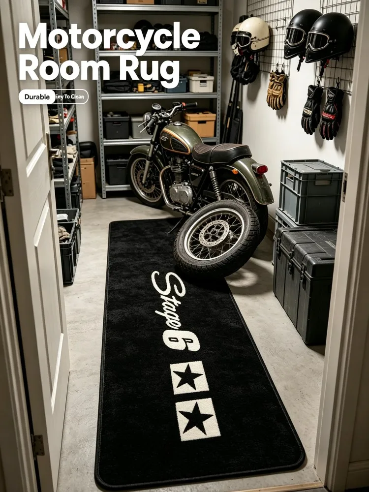 Stage 6 Star Pattern Long Floor Mat, Non‑Slip Flannel Runner Rug, Motorcycle Bicycle Garage Entryway Carpet, Anti‑Slip Home Deco