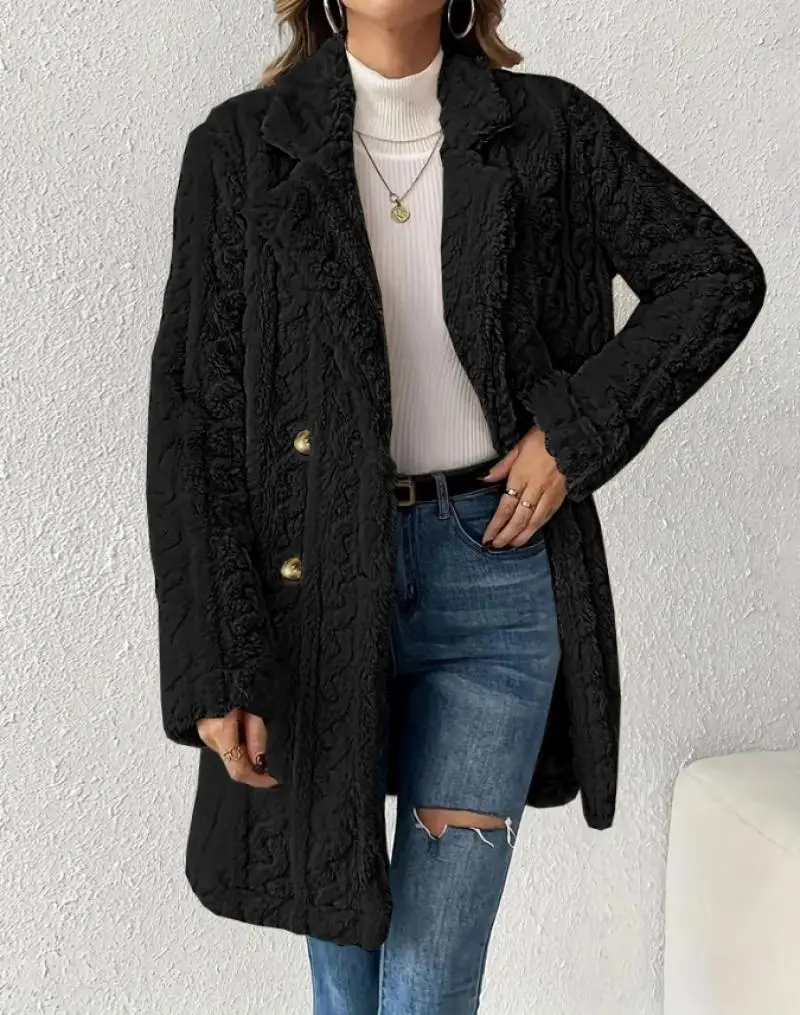 Casual Winter Jacket Woman 2024 Solid Color Collar Wired Texture Double Breasted Wool Long Sleeve Coat Coral Velvet Long Coats