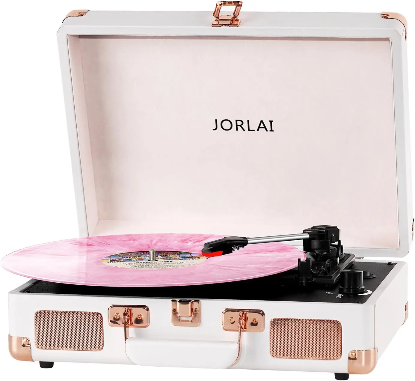 Toca-discos Portátil Bluetooth de 3 Velocidades com Bateria Recarregável, Entradas Aux/RCA/Fone de Ouvido, Design Retrô em Formato de Maleta para Amantes de Vinil