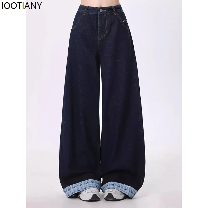 

Girls High Waisted Jeans Pants Lady Dark Blue Checkered Denim Pants Women Chic Patchwork Straight Leg Jeans Trousers