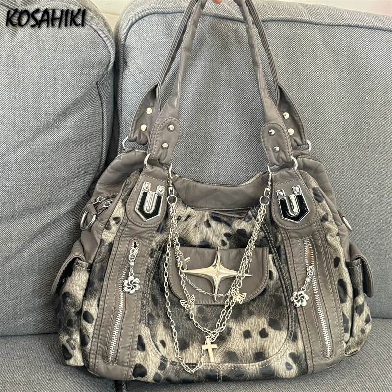 Vintage Harajuku Y2k Women Handbags Casual Star Chain Leopard Fluffy Shoulder Bags 2024 All Match Ins Luxury Design Underarm Bag