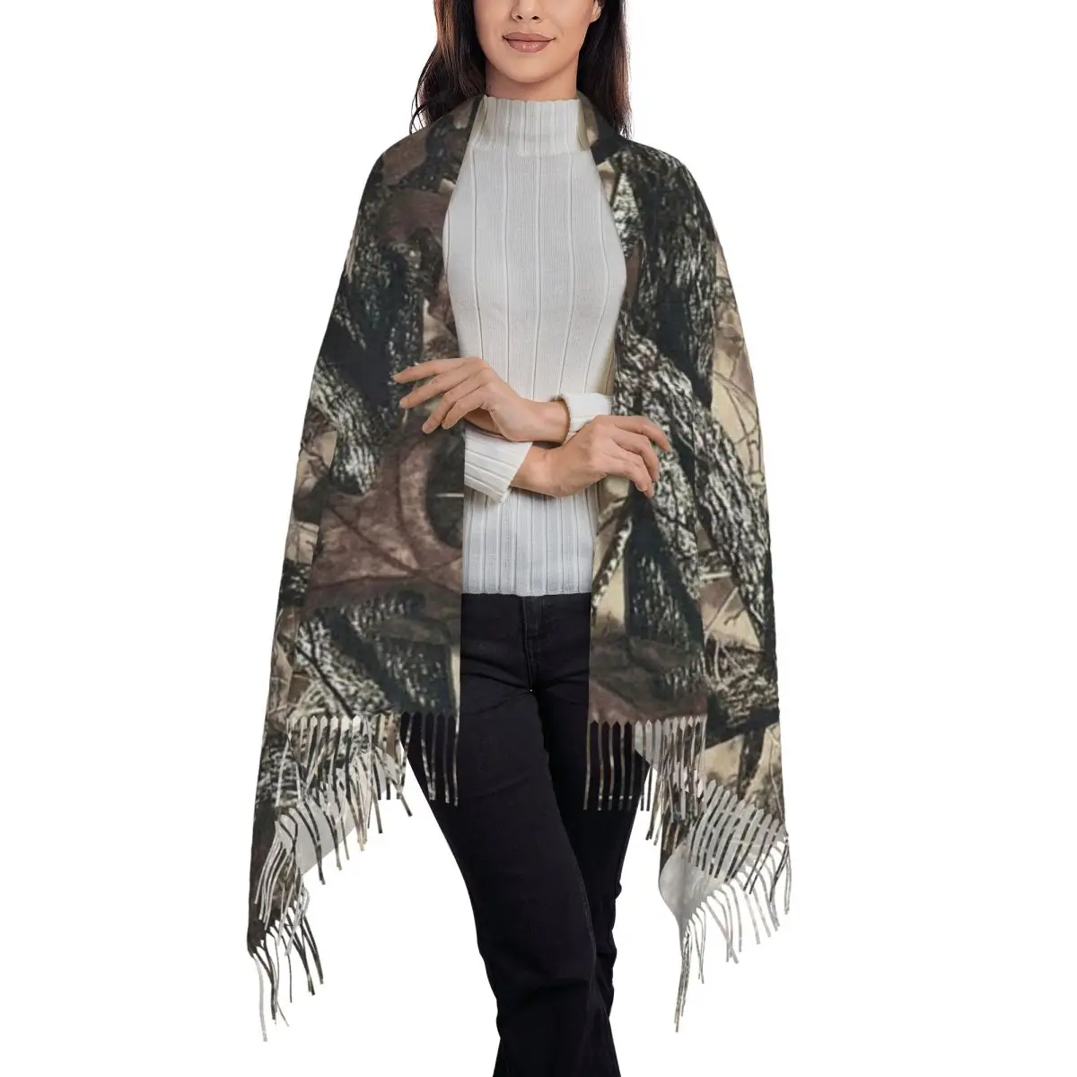 Camouflage With Leaves And Branches Print Scarf Tassel Scarves for Women Soft Warm Shawls and Wraps Large Fall Winter Shawl Wrap