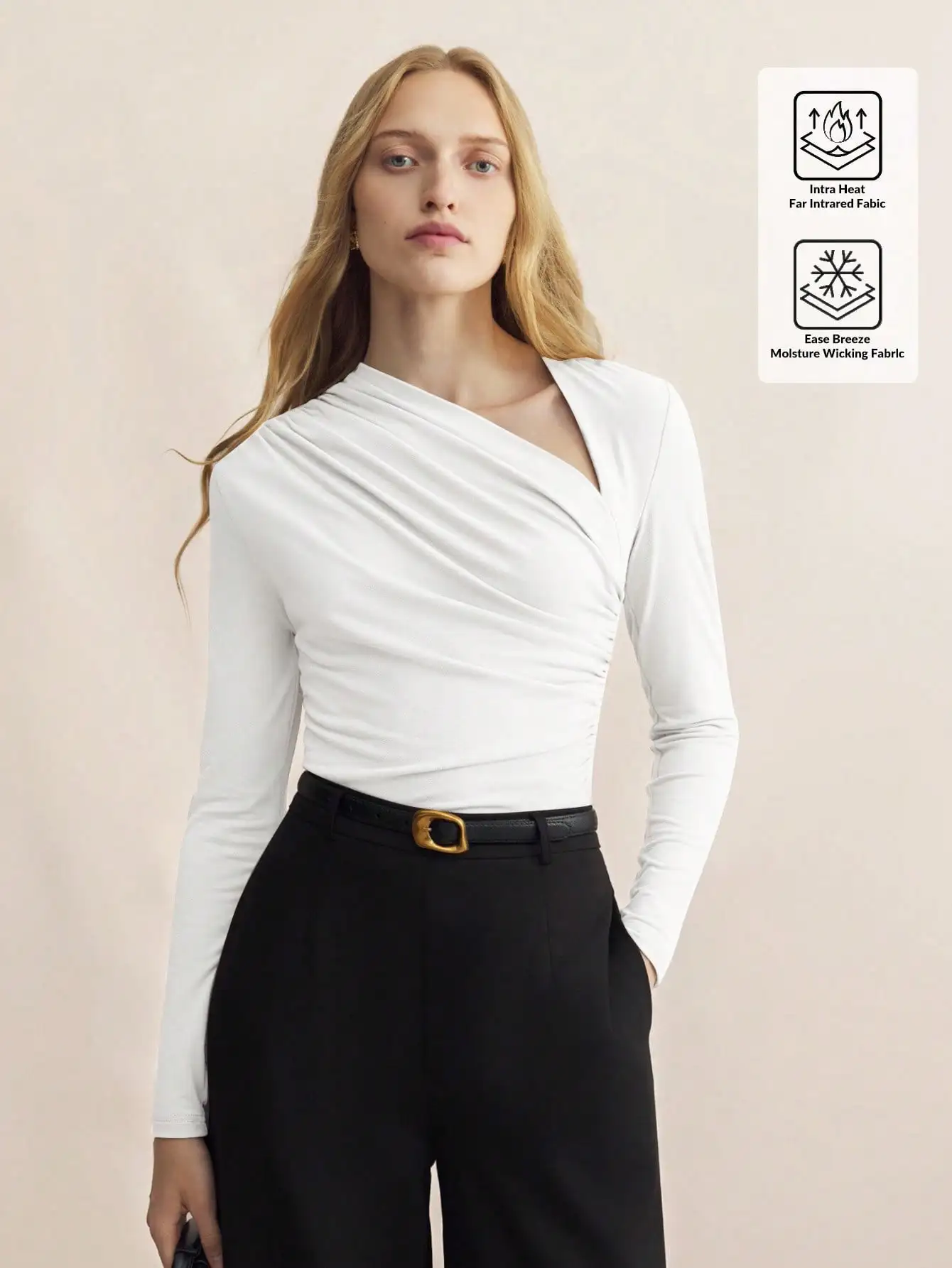 

Белый асимметричный топ с драпировкой и длинными рукавами для женщин, элегантная деловая повседневная одежда