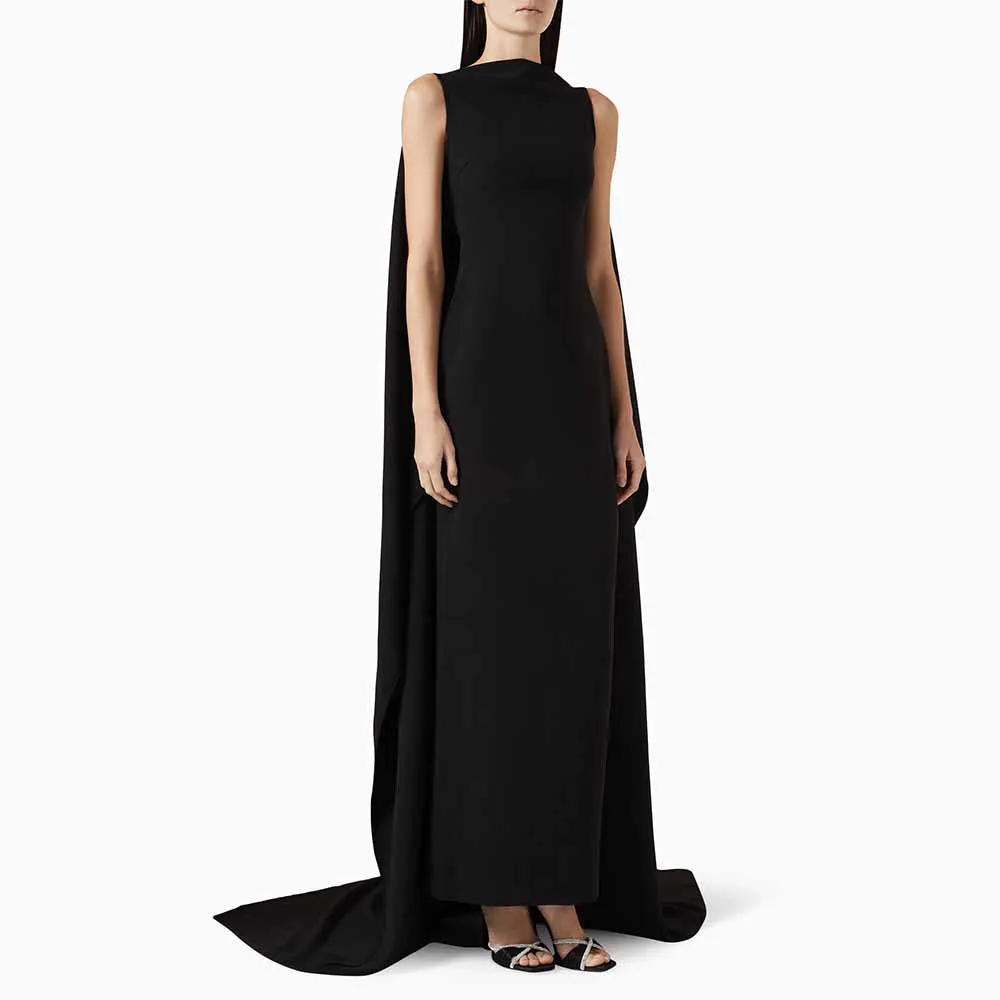 

Elegant Wedding Guest Dresses for Women Watteau Train Column Formal Party Gowns Black Sleeveless Ankle Length Evening Dress Maxi