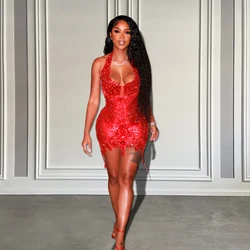 Sexy Red Crystal Halter Short Black Girls Prom Dresses 2024 See Through Mini Cocktail Birthday Gowns