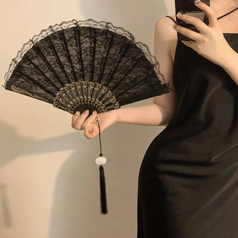 1PC Ladies Lace Hand Fan Chinese Style Folding Fan With Pendant Gift Wedding Cosplay Party Home Decorative Ornamen