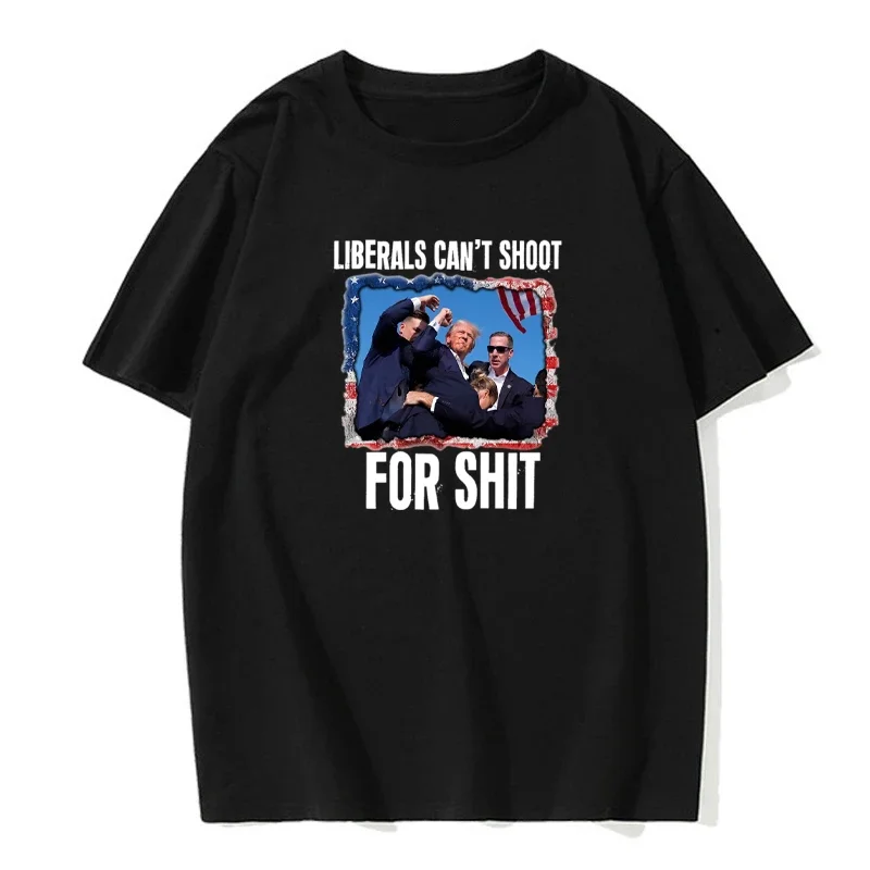 Liberals Can’t Shoot America Trump Fight 2024 Trump Shot Fight Essential T-Shirt Round Neck Cotton European Size Short Sleeve