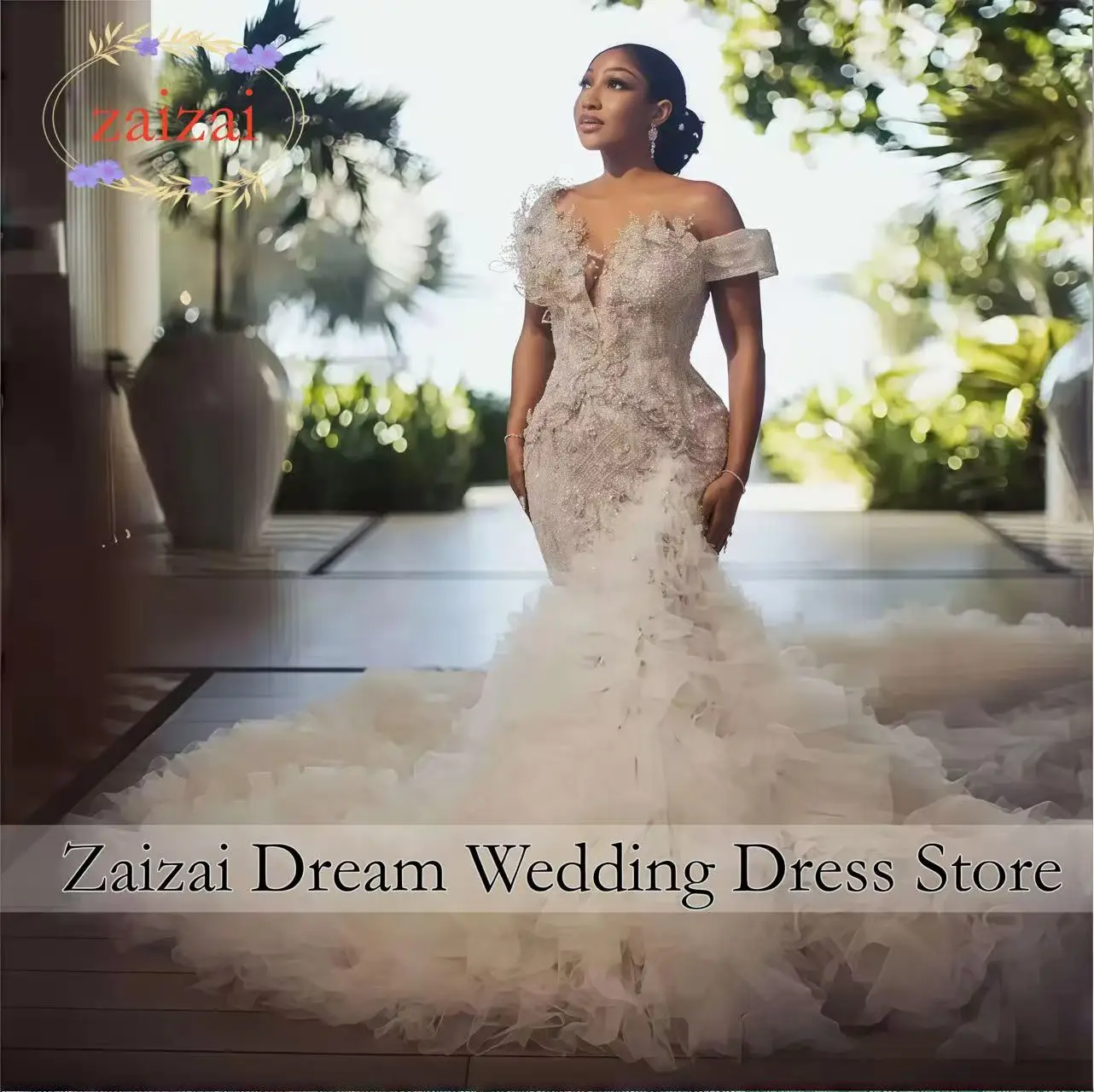 

Индивидуальное роскошное свадебное платье фасона «русалка» с открытыми плечами, расшитое бисером, жемчугом и кружевом, с многоярусным шлейфом