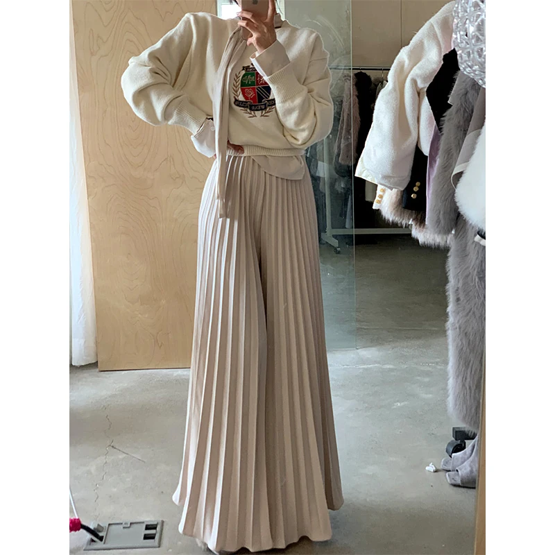 Pantaloni a gamba larga pieghettati all'inizio della primavera Coreano Sle Regular Fit Medio Softn Esclusivo online Autunno Inverno Faion da donna