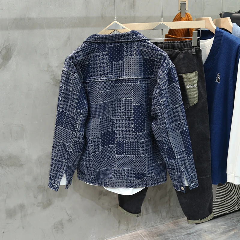

Осень-зима, мужская повседневная клетчатая лоскутная джинсовая куртка, свободная посадка, молодежная модная рабочая одежда, верхняя одежда для пар, японский Sle