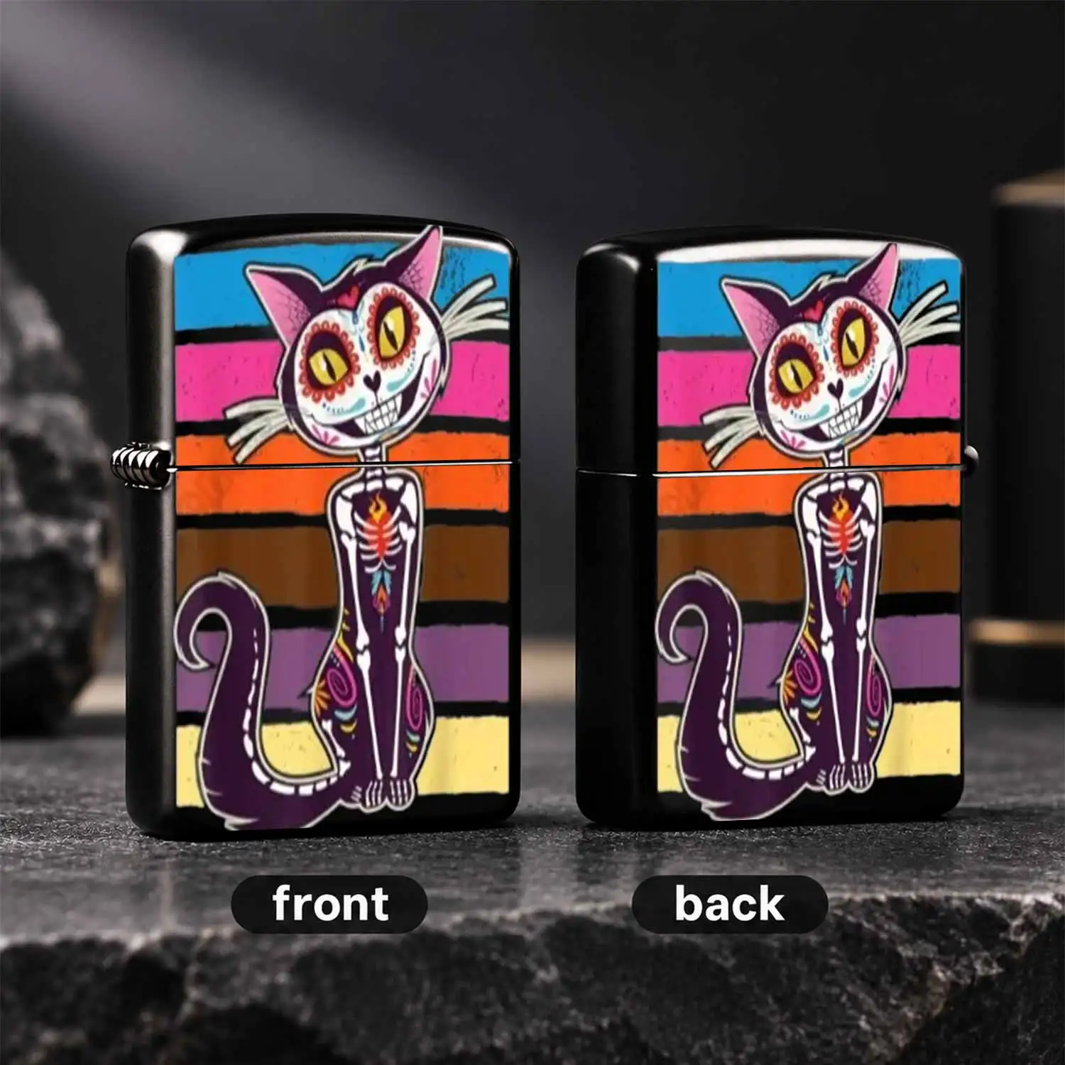 Creative Day Of The Dead Sugar Skull Cat Lighter, Retro Striped Background Stylish Portable Accessory, Durable Practical Decor For Daily Use, Holiday Gifting Unique Fun Collectible, Fits Multiple Scenarios Delightful No A Humorous And Inter
