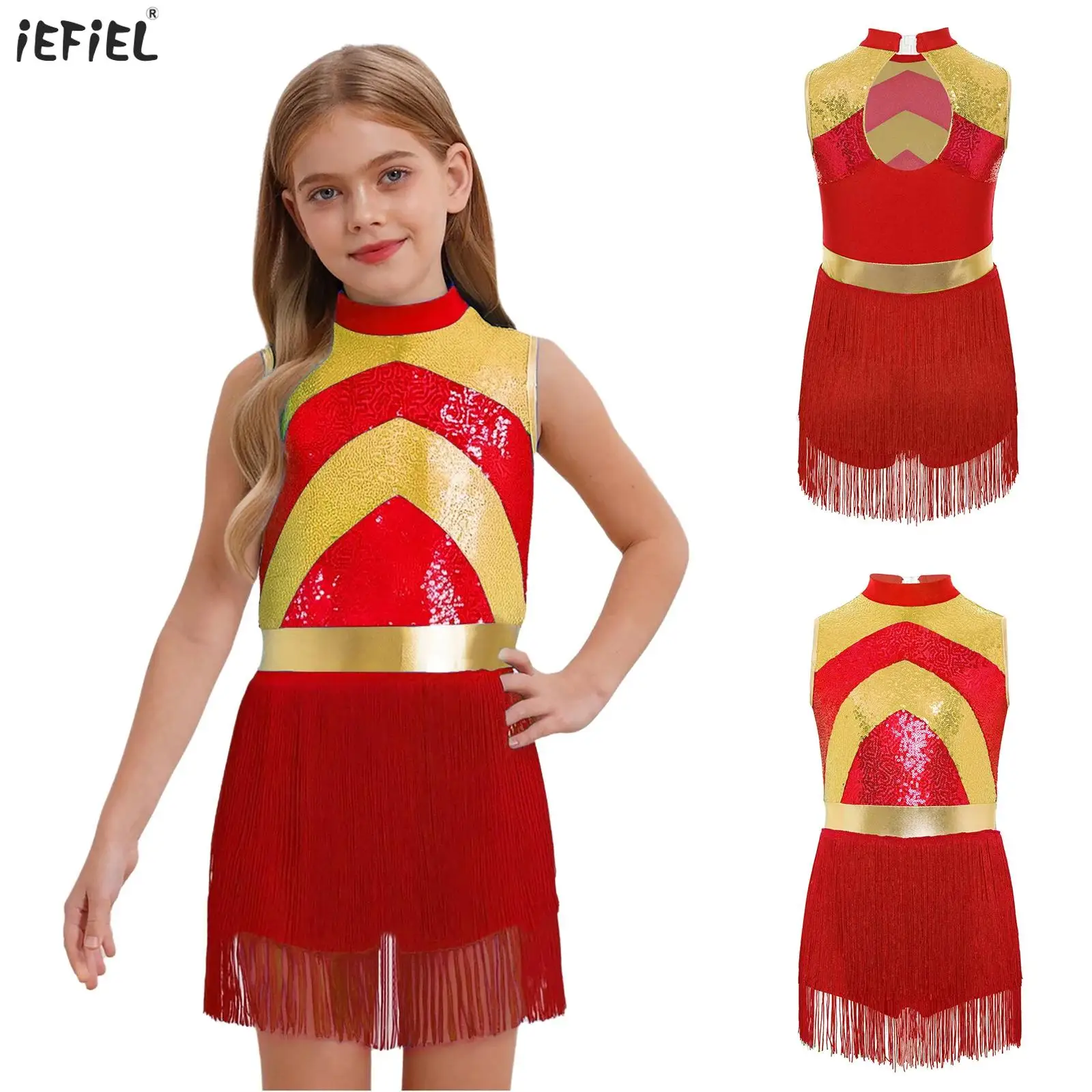 

Latin Dance Leotard Dress for Girls Sleeveless Fringed Tassels Sequin Bodysuit Gymnastics Ballet Leotard Skating Jazz Dancewear