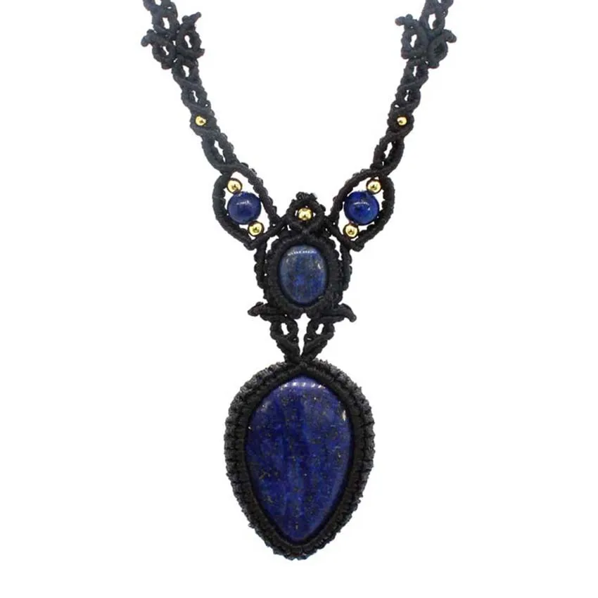 

Handmade Lasurite Rope Wrapped Natural Water Drop Lapis Lazuli Stone Pendant Braided Macrame Chain Necklace Women Men Jewelry