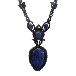 Handmade Lasurite Rope Wrapped Natural Water Drop Lapis Lazuli Stone Pendant Braided Macrame Chain Necklace Women Men Jewelry