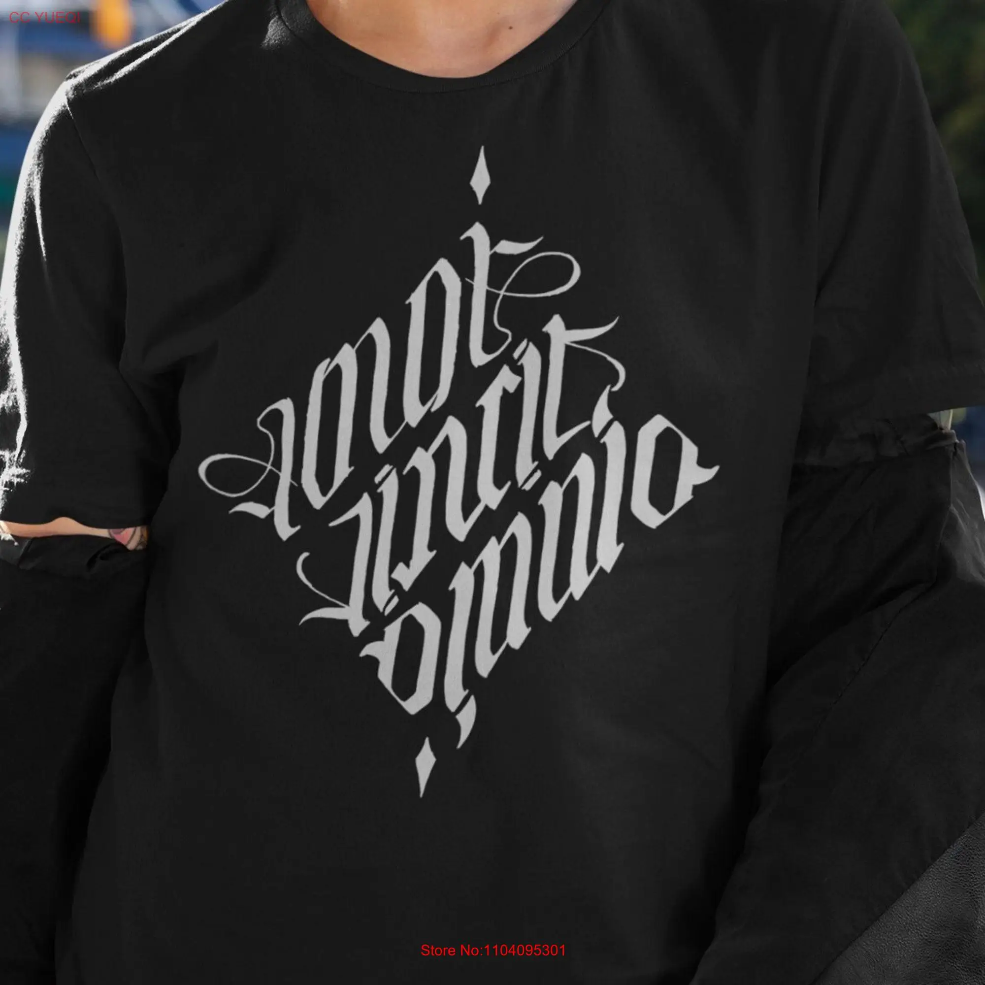 Omnia Vincit Amor gothic letters style Ambigram Blackletters T Shirt tattoo idea long or short sleeves