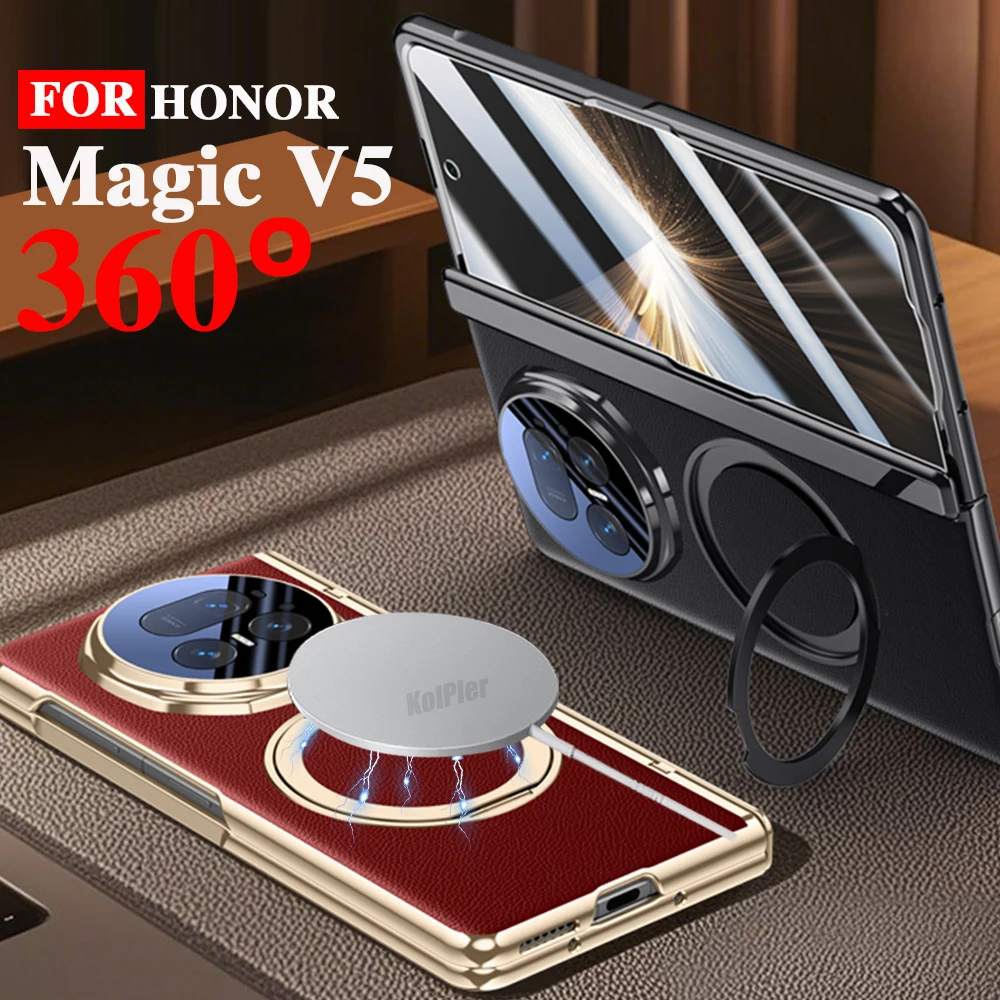 

Leather Skin feel Stand Cases For Huawei HONOR Magic V5 5G Magnetic Flip Protection Glass Srceen Protector Ring Holder Cover