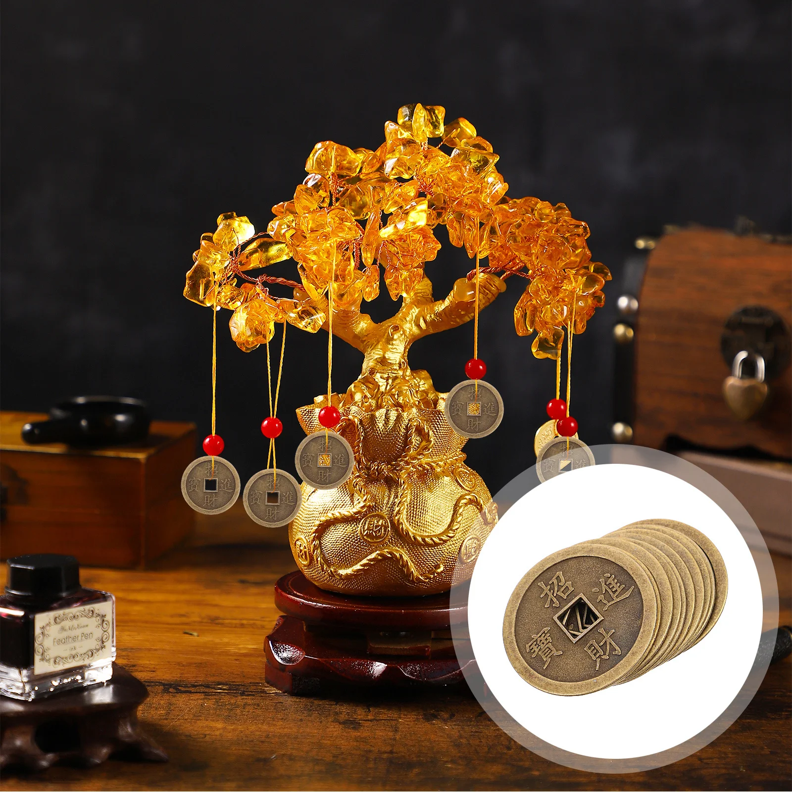 

10Pcs Chinese Feng Shui Style Ancient Pendants for Good Luck Wealth Success Vintage Decorative Charm Keychain