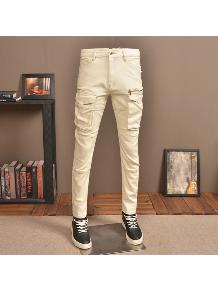 Beige Retro Patchwork Jeans Men's Multi-Pocket Design High-End Stretch Slim Street Leisure Cargo Motorcycle Pants