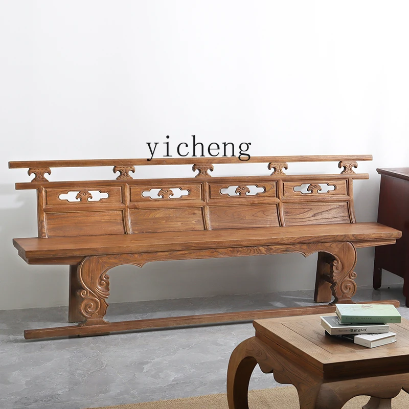 

HXL Weathered Wood Long Chair Vintage Carved Backrest Dining Chair Long Bench