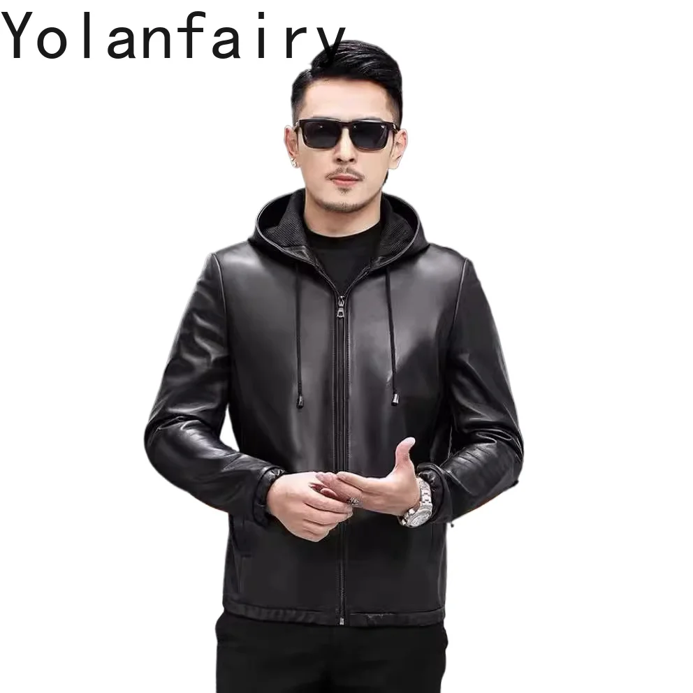 

YOLANFAIRY Genuine Leather Sheepskin Mens Jacket Spring Autumn Hooded Coats Casual Men's Colthing Black Jaqueta Masculina Couro