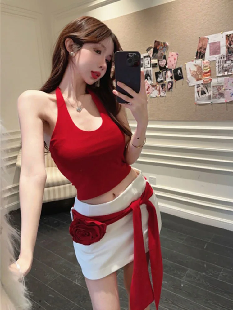 

2024 Summer New Streetwear Lace-up Contrast Color Patchwork Casual A-line Skirt Women + Sexy Backless Camisole Two-piece Suit