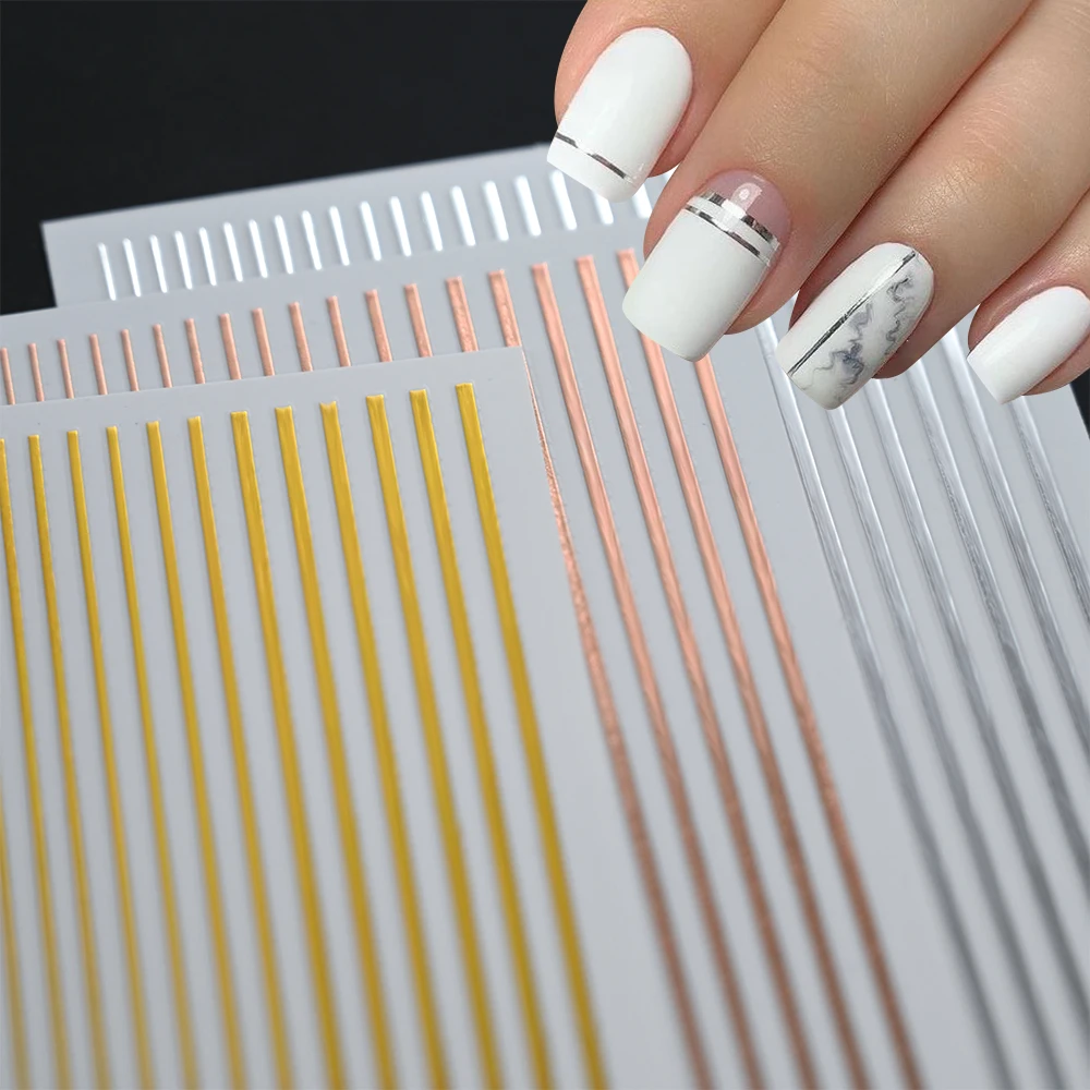 1pc French Line Nails Stickers Stripe Design Sparkly Laser Gold Silver Color Stripe Decals 3D Creative Geometry Manicure Tips