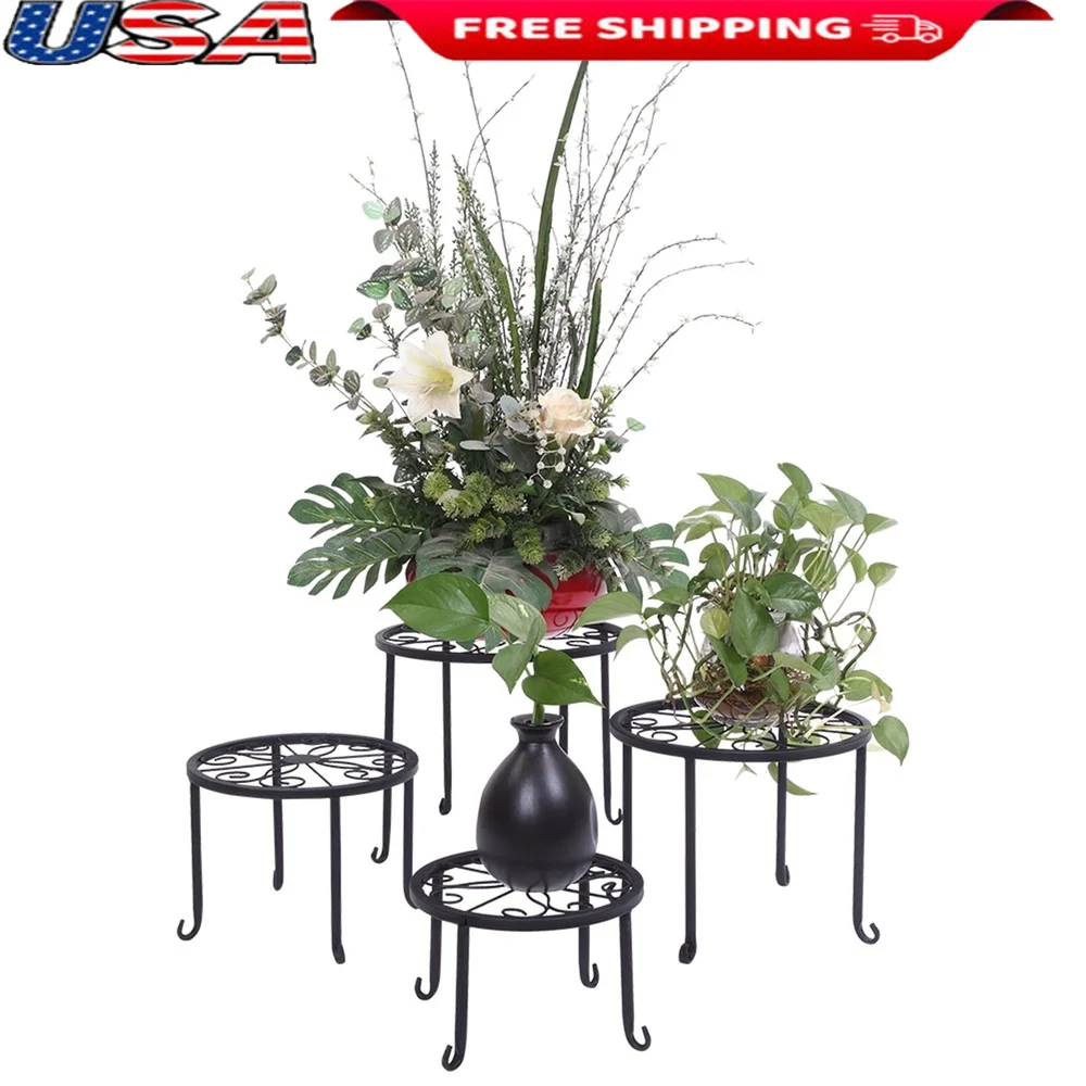 

4 Tier Metal Plant Stand with Round Pattern Durable Wrought Iron Indoor Outdoor Flower Shelf Elegant Design Home Garden Display