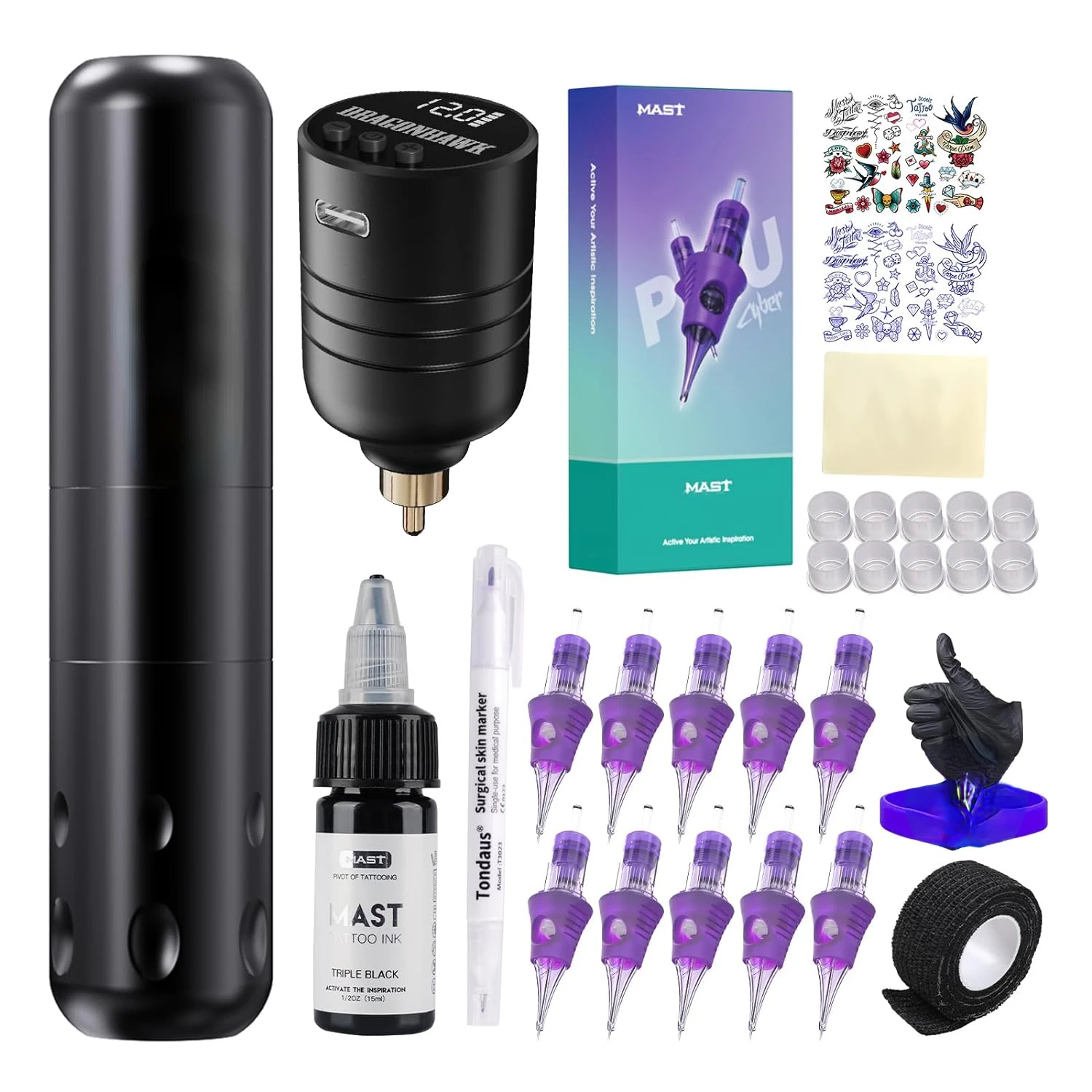 

Mast Magi2 Tattoo Gun Kit Wireless Tattoo Machine Pen Kit with Cordless Tattoo Battery Power Supply Tattoo Needles Black Ink Com