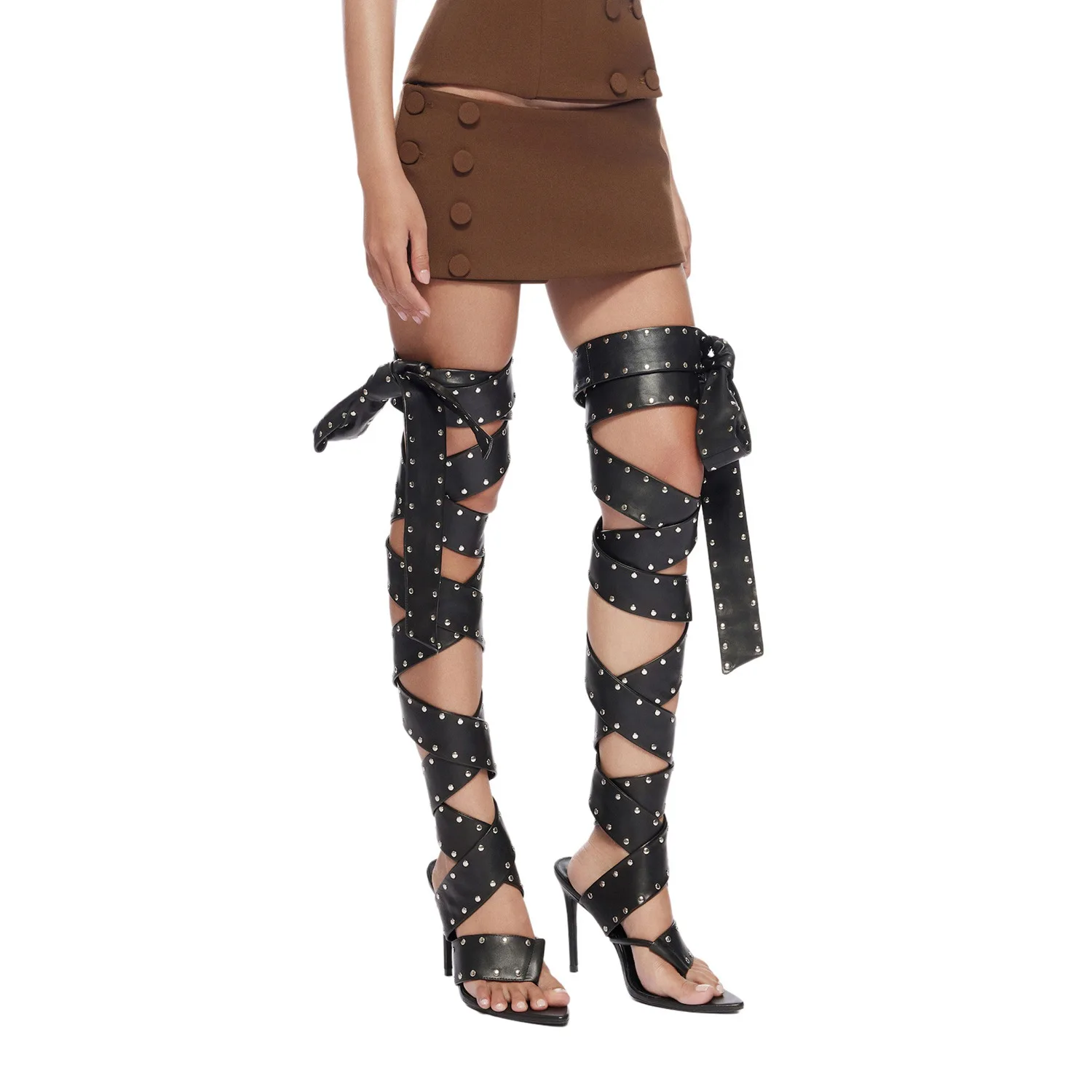MKKHOU Thigh High Wrap Studded Sandals Women Pointed Toe Extra Long Ribbon Bow Thin Stiletto High Heels Party Club Dress Shoes