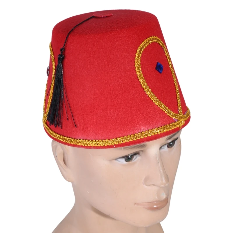 Exotic Turkish Hat Moroccan Themed Headwear with Gold Trim Black Tassels Fez Hat Egyptian Themed Hat Unique Headpiece