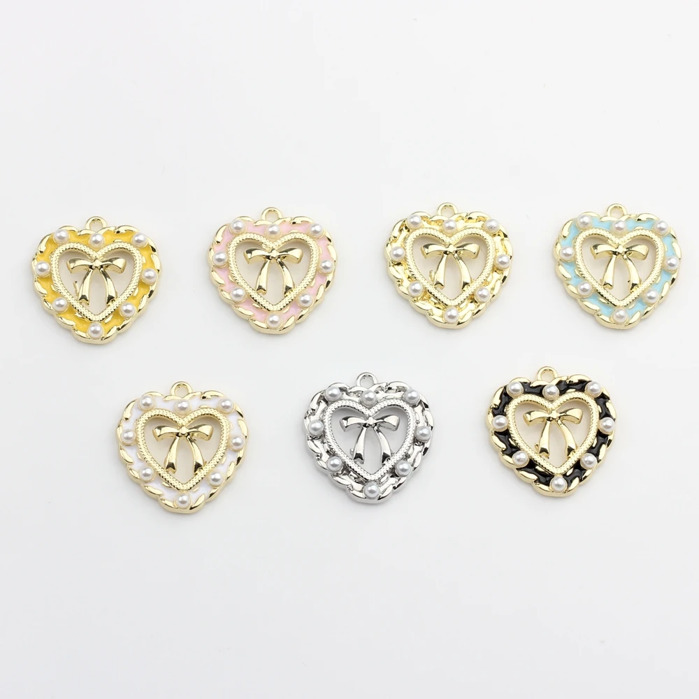 Zinc Alloy  Enamel Hollow Lace Heart Bow-knot Charms 6pcs/lot For DIY Jewelry Making Drop Earrings Accessories