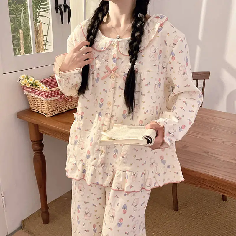 

Комплекты пижам Y2K для женщин: натуральные, очаровательные, в европейском стиле, с длинными рукавами, кавайные, в китайском стиле, с клубничным принтом, двойные.