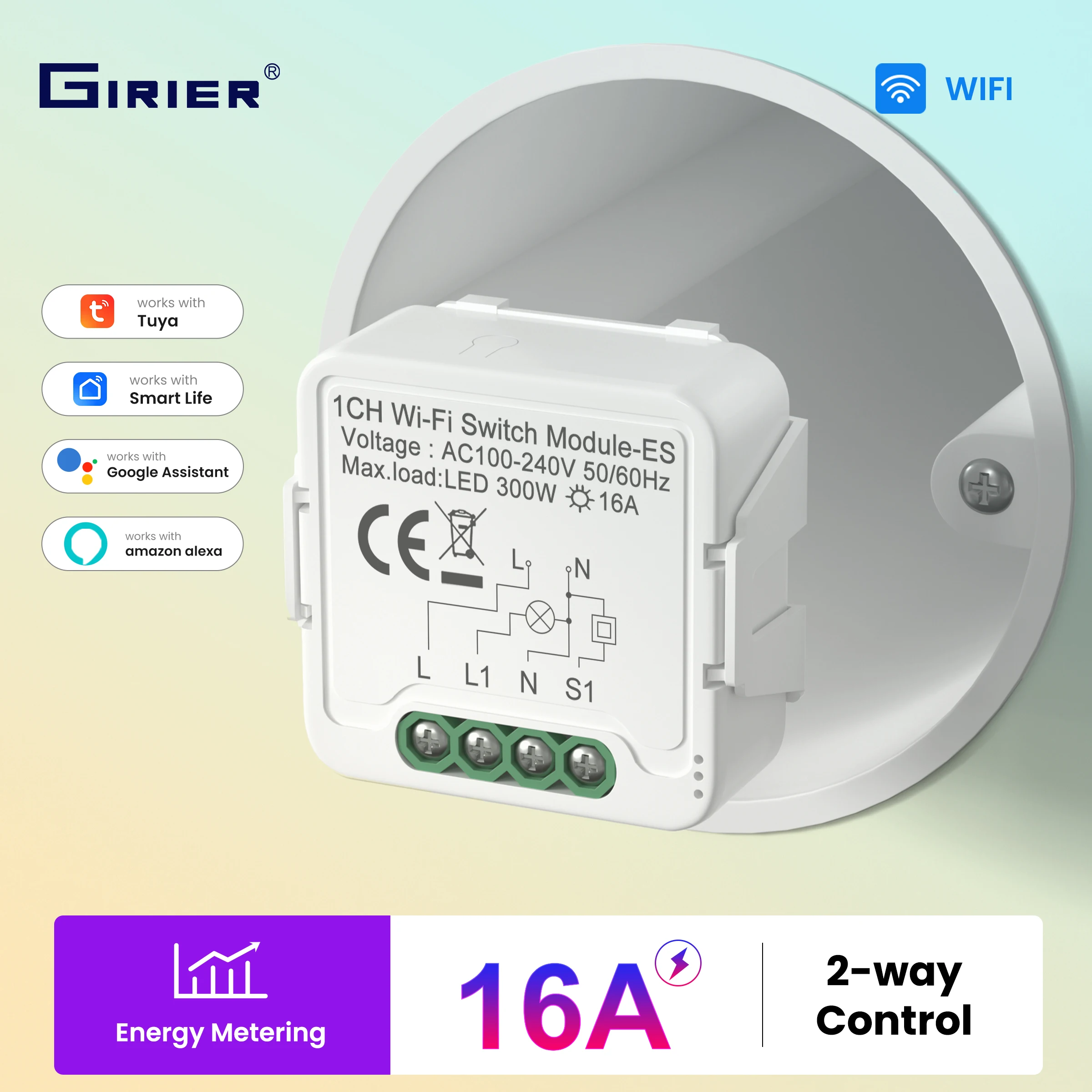 GIRIER Tuya WiFi Smart Switch Module with Power Monitoring 1/2CH Neutral Wire Required Supports 2-way Control Works with Alexa