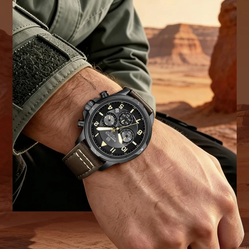 NAVIFORCE Male Stylish Chronograph Wristwatch Quartz Waterproof Genuine Leather Strap Clocks Retro Daily Outdoor Watches for Men view 3