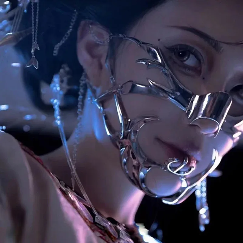 

Cosplay Cos Cyberpunk Visor Chin Metal Half Face Mask Womans Chain Decoration Muzzle Anti Bite Device Halloween Articulator