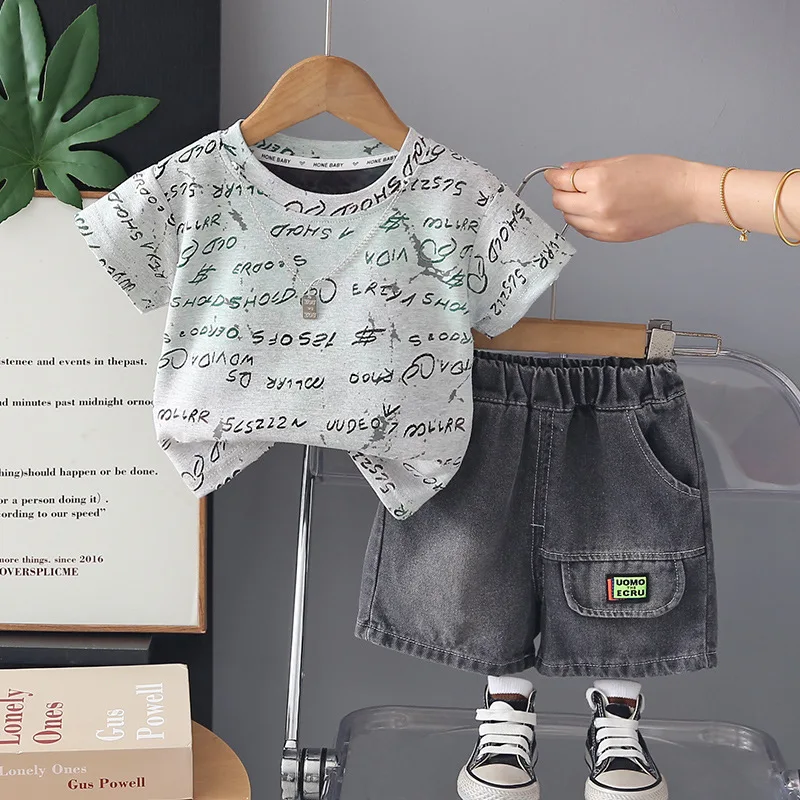 0-5 Years Toddler Boys Summer Set 2026 New All Over Print Letter Short Sleeve T-shirts and Denim Shorts 2 Piece Baby Boy Clothes