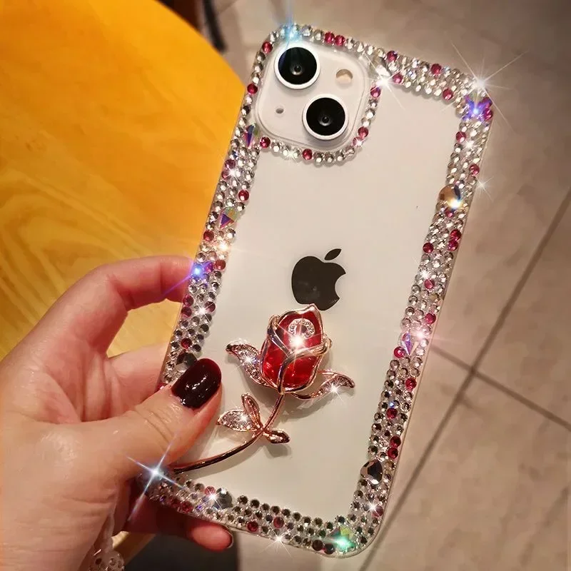 Diamond Bling Phone Cases for iPhone16 15Pro, 14Plus, 13 Pro, 12 Mini, 16Pro MAX, Rhinestone Cover, Glitter Rose