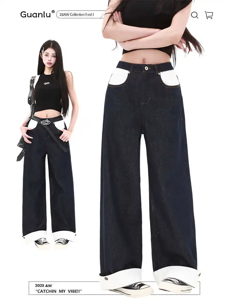 

Blue Women Jeans High Waist Vintage Straight Baggy Denim Pants Streetwear Y2K American Style Fashion Wide Leg Denim Trouser
