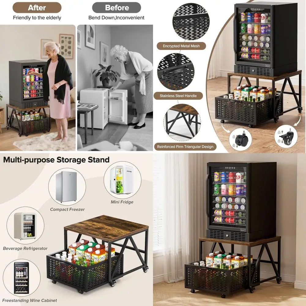 

Прочная тележка для хранения с корзиной, усиленная передвижная подставка, компактная подставка для холодильника, грузоподъемность 220 фунтов, мобильная подставка с поворотными колесами