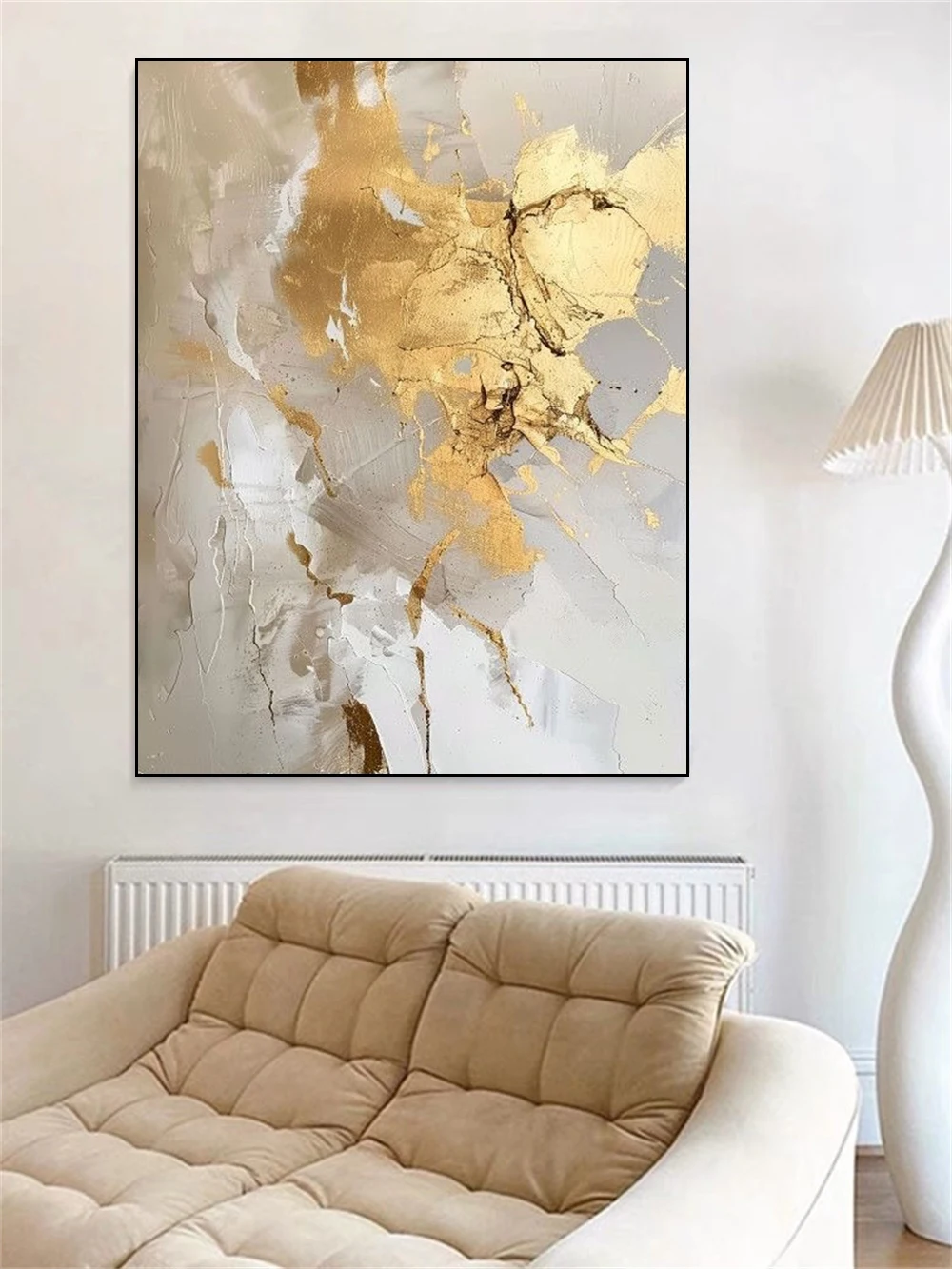 

100% Hand Drawn Oil Painting, Gold Light Luxury Abstract Art Image On Canvas For Home Living Room Background Decor