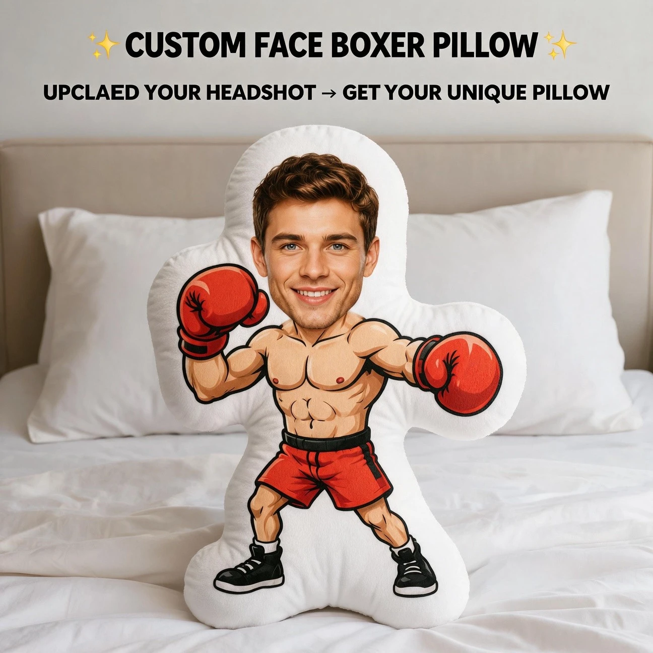 Custom Photo Boxer Shaped Pillow, Personalized Face Boxing Style Decorative Cushion, Unique Home Decor Accent for Sofa & Bedroom