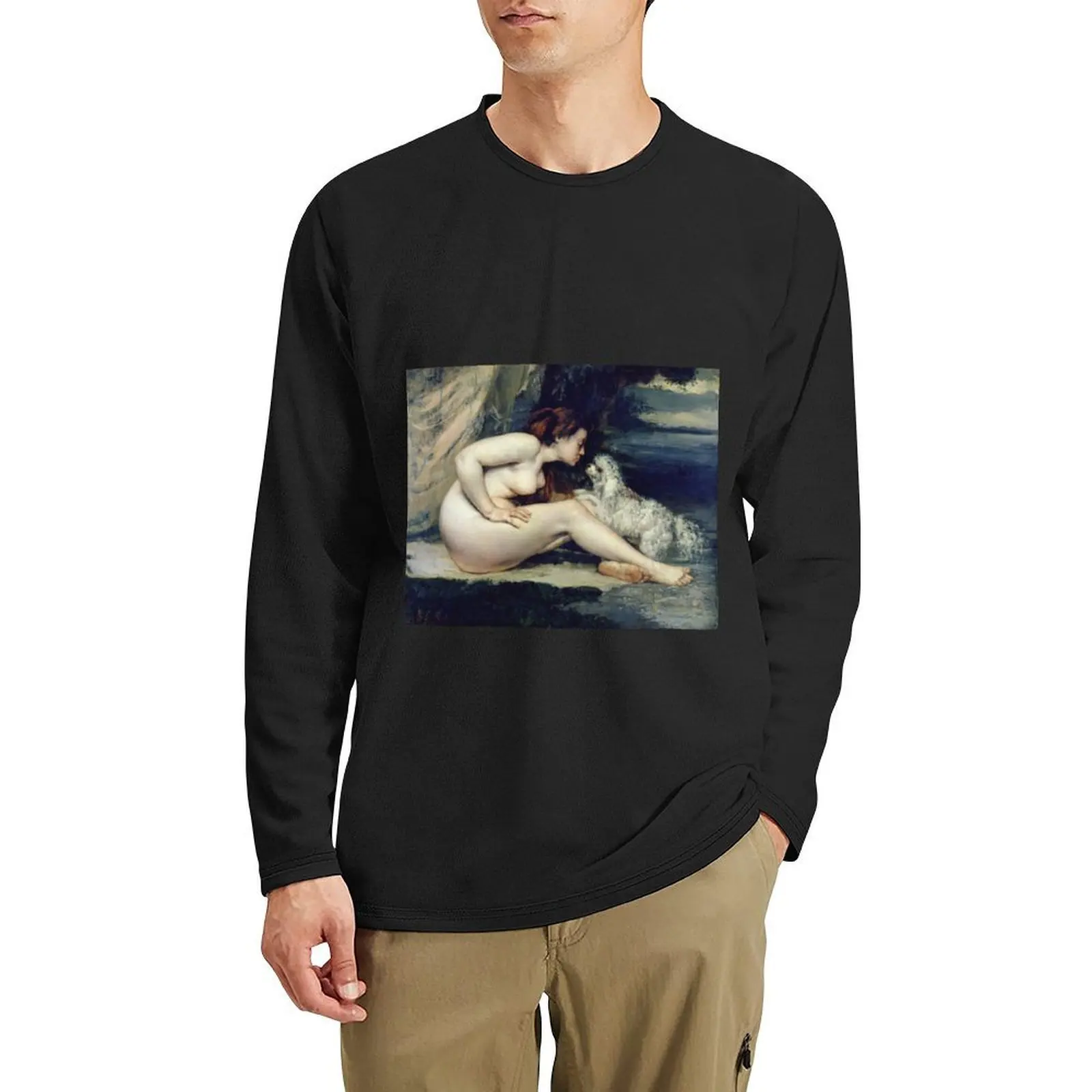 

Gustave Courbet - Female Nude With A Dog Long T-Shirt sweat shirts vintage clothes boys animal print shirt mens clothes