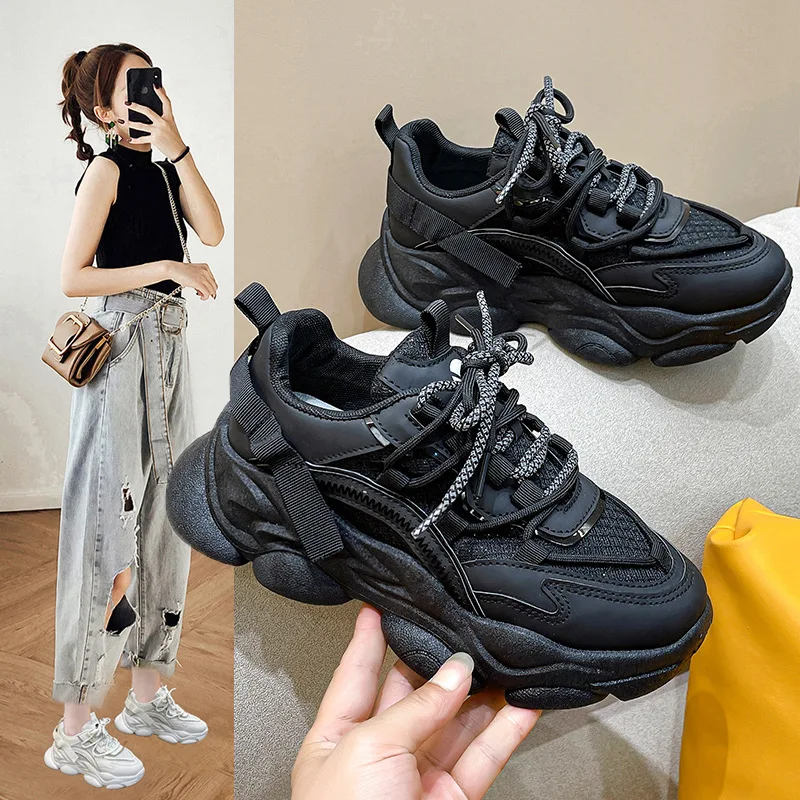 Black Platform Shoes for Women Sneakers Casual White Outdoor Fashion Tennis Sports Shoes Walk Chunky Sneakers Women 2024 Spring