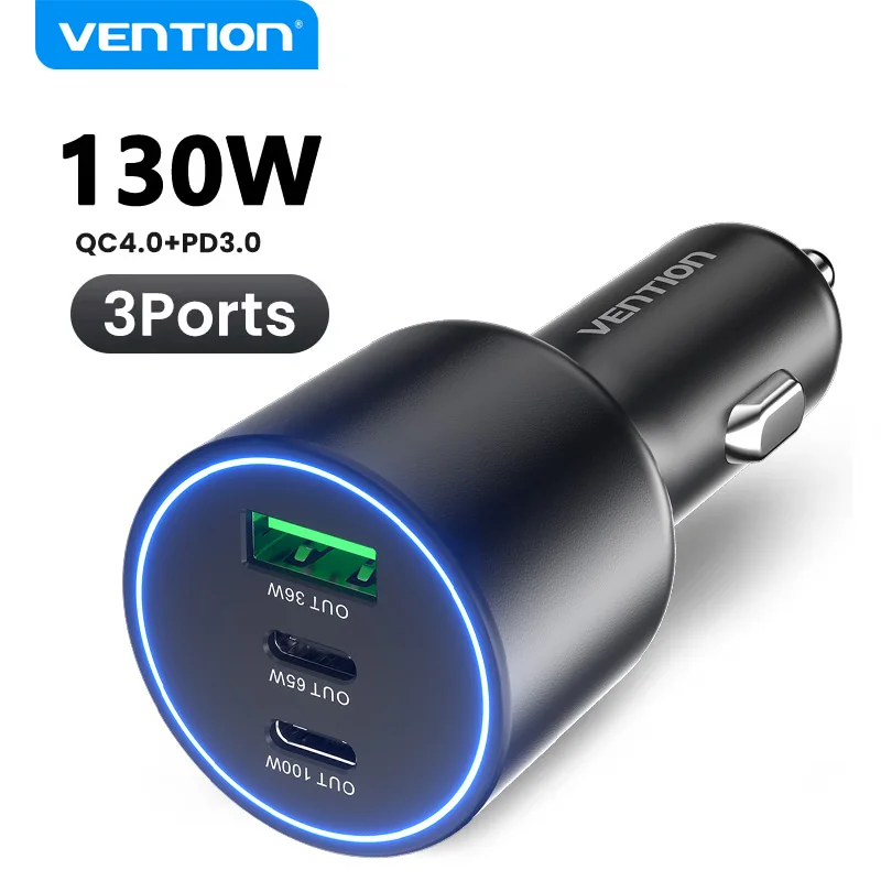Carregador de Carro Vention 130W USB Tipo C QC 4.0 PPS PD 30W Carregamento Rápido Carregador de Telefone USB C para iPhone 16 15 Pro Samsung Macbook