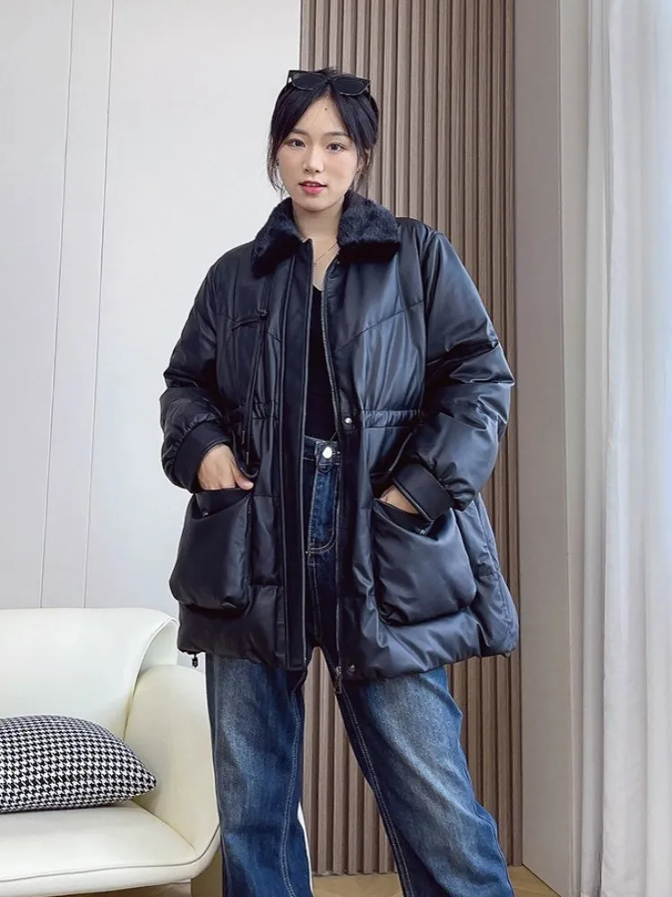 Women Winter Warm Genuine Leather Down Coat Fox Fur Collar Casual Loose Fit Overcoat Big Pockets Middle Length Sheepskin Jacket