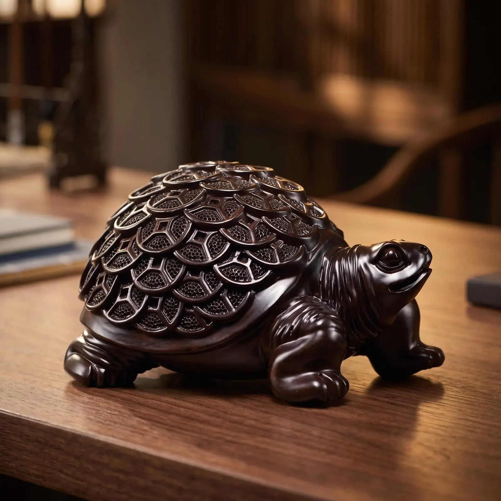 Feng Shui Money Turtle Ornament Detailed Shell Carving, Traditional Chinese Style, for Living Room