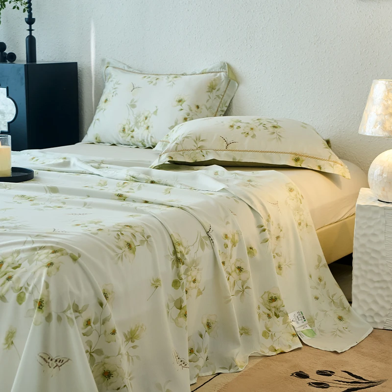 Floral Leaves printed Silky Soft and Cooling Bed Sheet set 3Pcs Comfortable Flat sheet 2Pillowcases Wrinkle Resistant