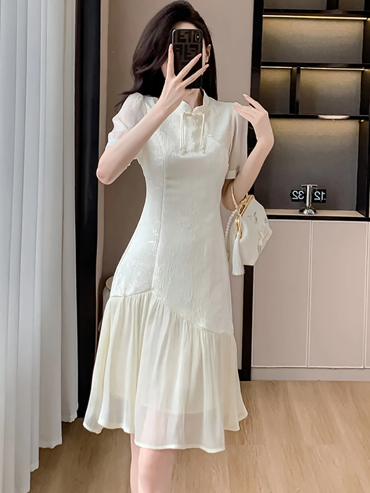 White Jacquard Patchwork Ruffled Midi Dress Women Summer Short Sleeve Bodycon Casual Home Dress 2024 Korean Elegant Luxury Dress