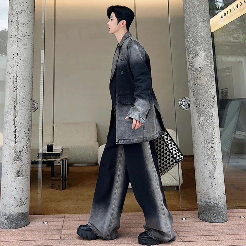 LUZHEN Denim New Design Wear Set Niche Men's Two-piece Gradient Color Suit Jacket Wide Leg Pants Washed Sets 2024 Vintage LZ6135